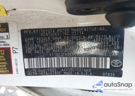 2014 Toyota Camry Xle z USA, uszkodzony, nr VIN 4T1BF1FK0EU382371